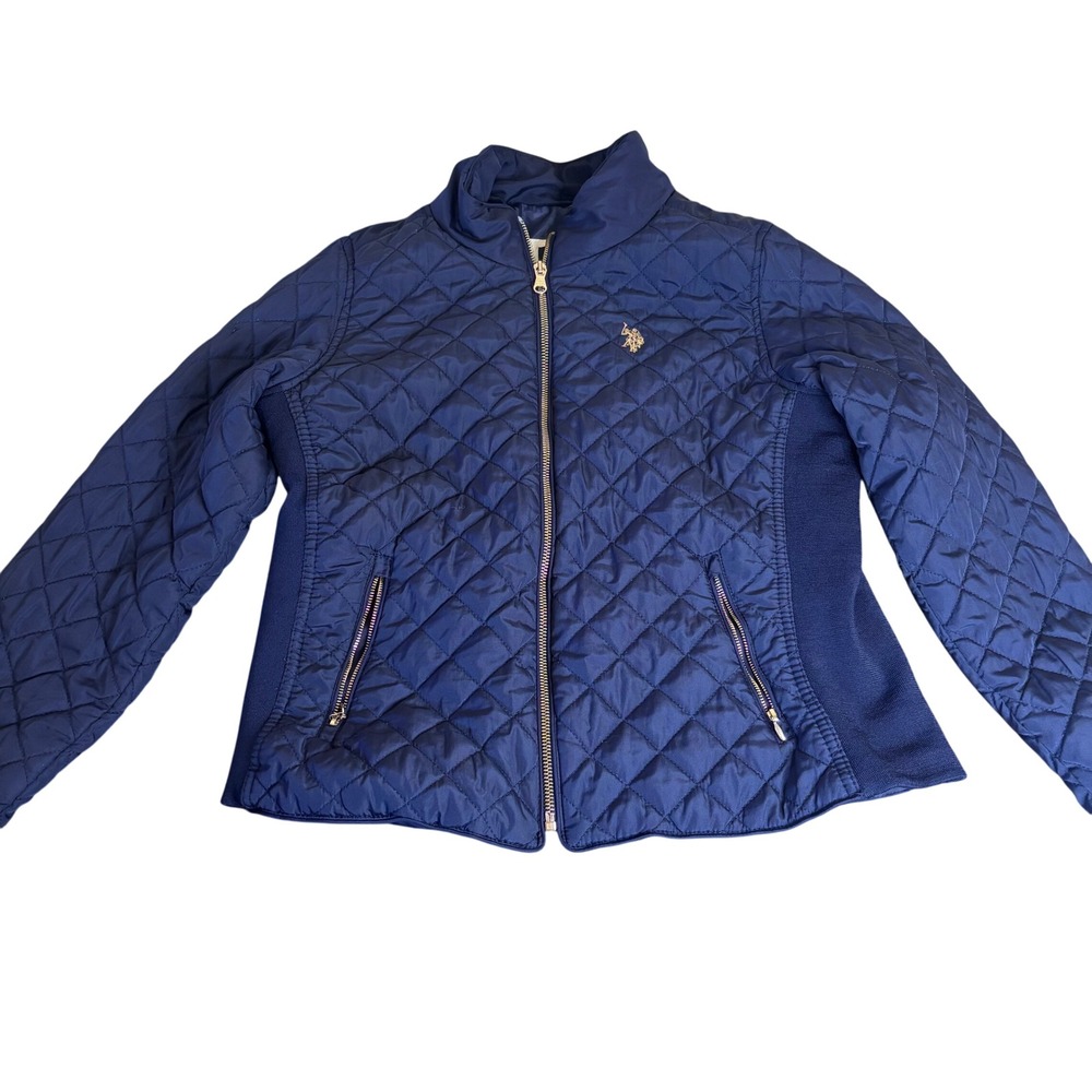 US Polo Assn Quilted Moto Jacket Youth Size L Navy Blue Zip Front